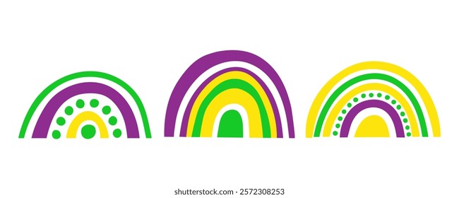 Mardi Gras rainbows isolated on white background. Graphic template for Fat Tuesday holiday celebration. Vector illustration.