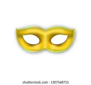 Mardi Gras Realistic mask golden color. Venetian painted Carnival Face Mask. Masquerade colorful party decoration isolated on white background. Vector illustration.