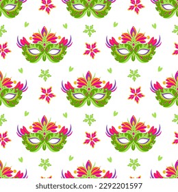 Mardi Gras red and green masks and beads white seamless background.