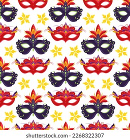 Mardi Gras red and purple theater masks on white seamless background.