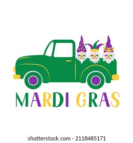 Mardi Gras retro truck with cute gnomes. Fat Tuesday traditional carnival in New Orleans. Vector template for banner, poster, card, party invitation, etc.