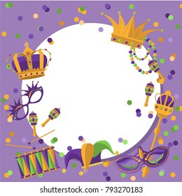 Mardi Gras round frame template with space for text. Mardi Gras Carnival poster, flyer, invitation. Party, parade background. Vector illustration