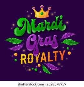 Mardi Gras Royal, tipografía con letras verdes y púrpuras, acentuadas por un texto en negrita naranja. Vibrantes letras de moda con cuentas festivas, plumas de colores y corona de oro. Para cualquier propósito