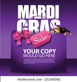 Mardi Gras sale shopping bag background. EPS 10 vector, grouped for easy editing. No open shapes or paths. For ads, marketing, poster, flyer, blog, article