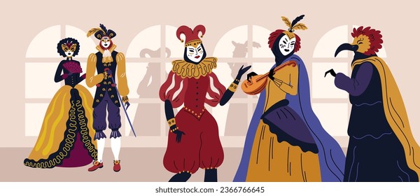 Escena del Mardi Gras. Caricaturistas con disfraces y vestidos tradicionales venecianos de carnaval. Personajes con máscaras italianas. Ropa de actuación. Salón de baile de época. Garish