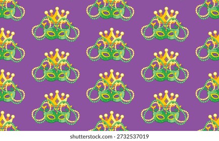 Mardi Gras Seamless Carnival Pattern with Feather Mask, Crown and Beads