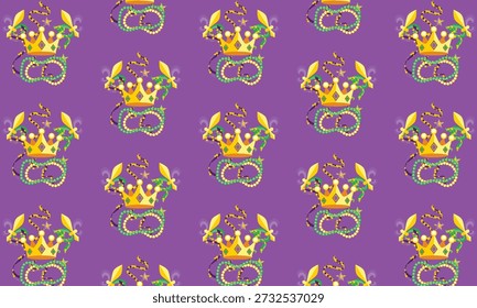 Mardi Gras Seamless Carnival Pattern with Beads, Jester Symbol, Crown and Confetti