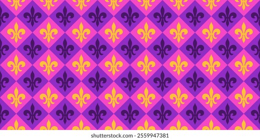 Mardi Gras Seamless Colorful Pattern. Fleur de Lys and Rhombus Endless Background.