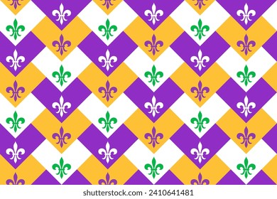 Mardi Gras Seamless Geometric Pattern with Fleur de Lis Flower. Yellow, Purple, Green and White Vector Background with Carnival Festive Heraldic Flower.