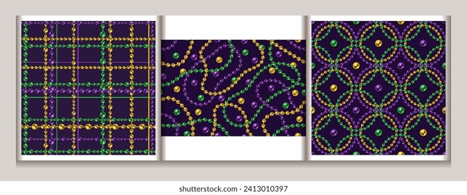 Mardi Gras seamless geometric pattern with intertwined overlapping bead strings, scattered beads, background. Vintage illustration for prints, clothing, holiday, surface design