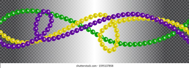 Mardi Gras. Seamless horizontal pattern realistic beautiful yellow, green, purple beads on transparent. Venetian carnival mardi gras party. Ideal for greeting card, poster and web template. Vector