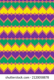 Mardi Gras seamless pattern. Abstract repeating background with green, yellow and purple violet hearts. Vector holiday poster