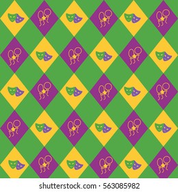 Mardi Gras seamless pattern. Actory masks and ballons on rhombic background in green, yellow and purple colour. Vector illustration.