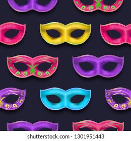 Mardi Gras seamless pattern. Authentic Venetian painted Carnival Mask collection. Masquerade realistic colorful party decoration with a shadow isolated on dark night backdrop. Vector illustration