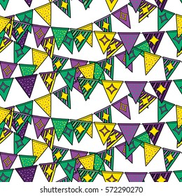 Mardi Gras seamless pattern. Background with flags in yellow, green and purple colors. Vector illustration