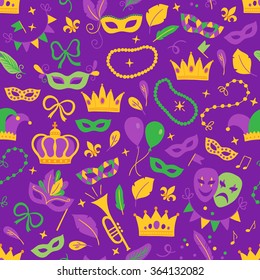 Mardi Gras seamless pattern with balloon, carnival mask, trumpet, crown, comedy and tragedy masks, ribbon, feathers, confetti, fleur-de-lis, harlequin, beads, garland, jester hat on purple background