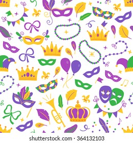 Mardi Gras seamless pattern with balloon, carnival mask, confetti, fleur-de-lis, trumpet, crown, comedy and tragedy masks, ribbon, feathers, harlequin, beads, garland, jester hat on white background