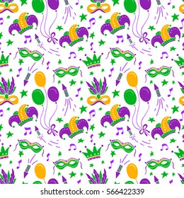 Mardi Gras seamless pattern with balloon, carnival mask, confetti, trumpet, crown, ribbon, feathers,  jester hat,  beads on white background