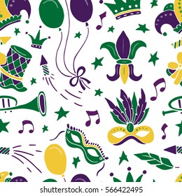 Mardi Gras seamless pattern with balloon, carnival mask, confetti, trumpet, crown, ribbon, feathers,  jester hat,  beads on white background