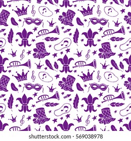 Mardi Gras seamless pattern with balloon, carnival mask, confetti, trumpet, crown, ribbon, feathers,  jester hat,  beads on white background