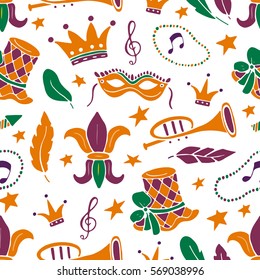 Mardi Gras seamless pattern with balloon, carnival mask, confetti, trumpet, crown, ribbon, feathers,  jester hat,  beads on white background