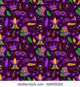 Mardi Gras seamless pattern with balloon, carnival mask, confetti, trumpet, crown, ribbon, feathers,  jester hat,  beads on dark background