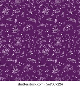 Mardi Gras seamless pattern with balloon, carnival mask, confetti, trumpet, crown, ribbon, feathers,  jester hat,  beads on dark background