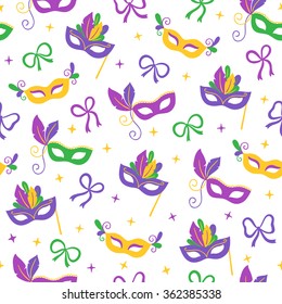 Mardi Gras seamless pattern with bows, masks with feathers, stars and sparkles. Perfect for wallpaper, pattern fills, web page background, textile, holiday greeting cards