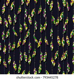 Mardi Gras seamless pattern with bright colored feathers and beads against white background
