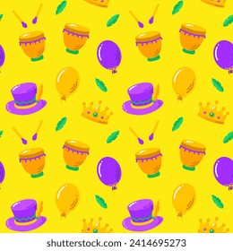 Mardi gras seamless pattern. Carnaval pattern with ballon, crown and hat