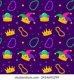 Mardi gras seamless pattern. Carnaval pattern with crown and confetti