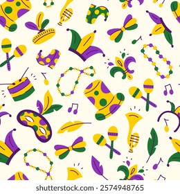 Mardi Gras Seamless Pattern. Carnival Masquerade Holiday Event Party Parade Background with jester hat mask beads necklace and traditional colors