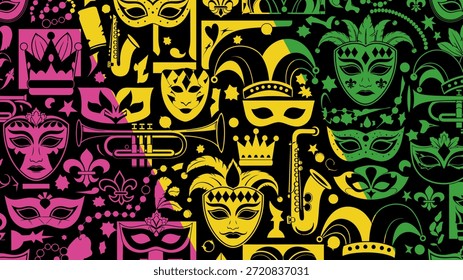 Patrón sin costuras de Mardi Gras con máscaras de carnaval, instrumentos musicales, coronas y sombreros de bufón en colores tradicionales púrpura, oro y verde sobre fondo negro.