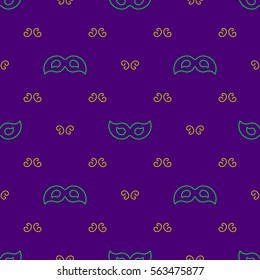 Mardi Gras seamless pattern with carnival masks and wreaths. Vector illustration in linear style on purple isolated background. Simple minimalistic elegant pattern.