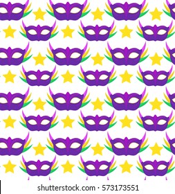Mardi Gras seamless pattern with carnival mask. Masquerade background, texture, paper. Vector illustration