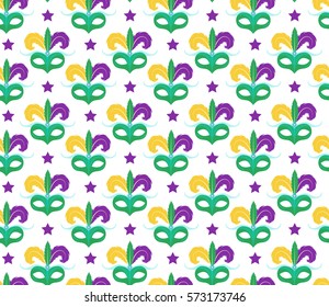 Mardi Gras seamless pattern with carnival mask. Masquerade background, texture, paper. Vector illustration