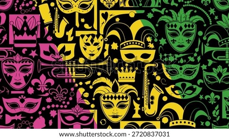 Mardi Gras seamless pattern with carnival masks, musical instruments, crowns, and jester hats in traditional purple, gold, and green colors on black background.