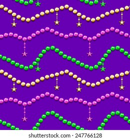 Mardi gras seamless pattern with color beads and stars. Carnival background. Mardi gras carnival texture. Jewelry poster.