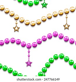 Mardi gras seamless pattern with color beads and stars. Carnival background. Mardi gras carnival texture. Jewelry poster.