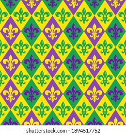 Mardi Gras nahtloses Muster mit bunten Kräuterlilyen; für Verpackungspapier, Grußkarten, Poster, Banner.