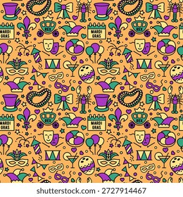 Mardi Gras padrão perfeito com símbolos de carnaval coloridos