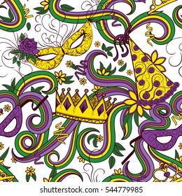 Mardi Gras seamless pattern. Colorful background with carnival mask and hats, crowns, ribbons and flowers. Vector illustration