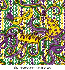 Mardi Gras seamless pattern. Colorful background with carnival mask and hats, crowns, ribbons and flowers. Vector illustration