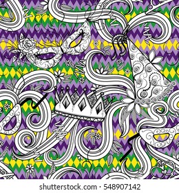 Mardi Gras seamless pattern. Colorful background with carnival mask and hats, crowns, ribbons and flowers. Vector illustration