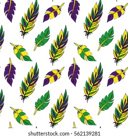 Mardi Gras seamless pattern. Colorful background with feathers. Vector illustration