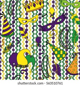 Mardi Gras seamless pattern. Colorful background with carnival mask and hats, jester's hat, crowns, fleur de lis, feathers and ribbons. Vector illustration