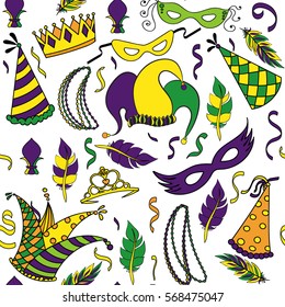 Mardi Gras seamless pattern. Colorful background with carnival mask and hats, jester's hat, crowns, fleur de lis, feathers and ribbons. Vector illustration