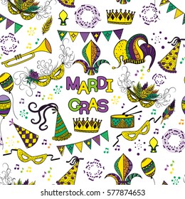 Mardi Gras seamless pattern. Colorful background with carnival mask and hats, jester's hat, crowns, fleur de lis, feathers and ribbons. Vector illustration