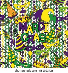 Mardi Gras seamless pattern. Colorful background with carnival mask and hats, jester's hat, crowns, fleur de lis, feathers and ribbons. Vector illustration