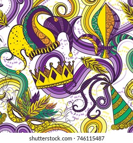 Mardi Gras seamless pattern. Colorful background with carnival mask and hats, jester hat, crowns, fleur de lis, feathers and ribbons.